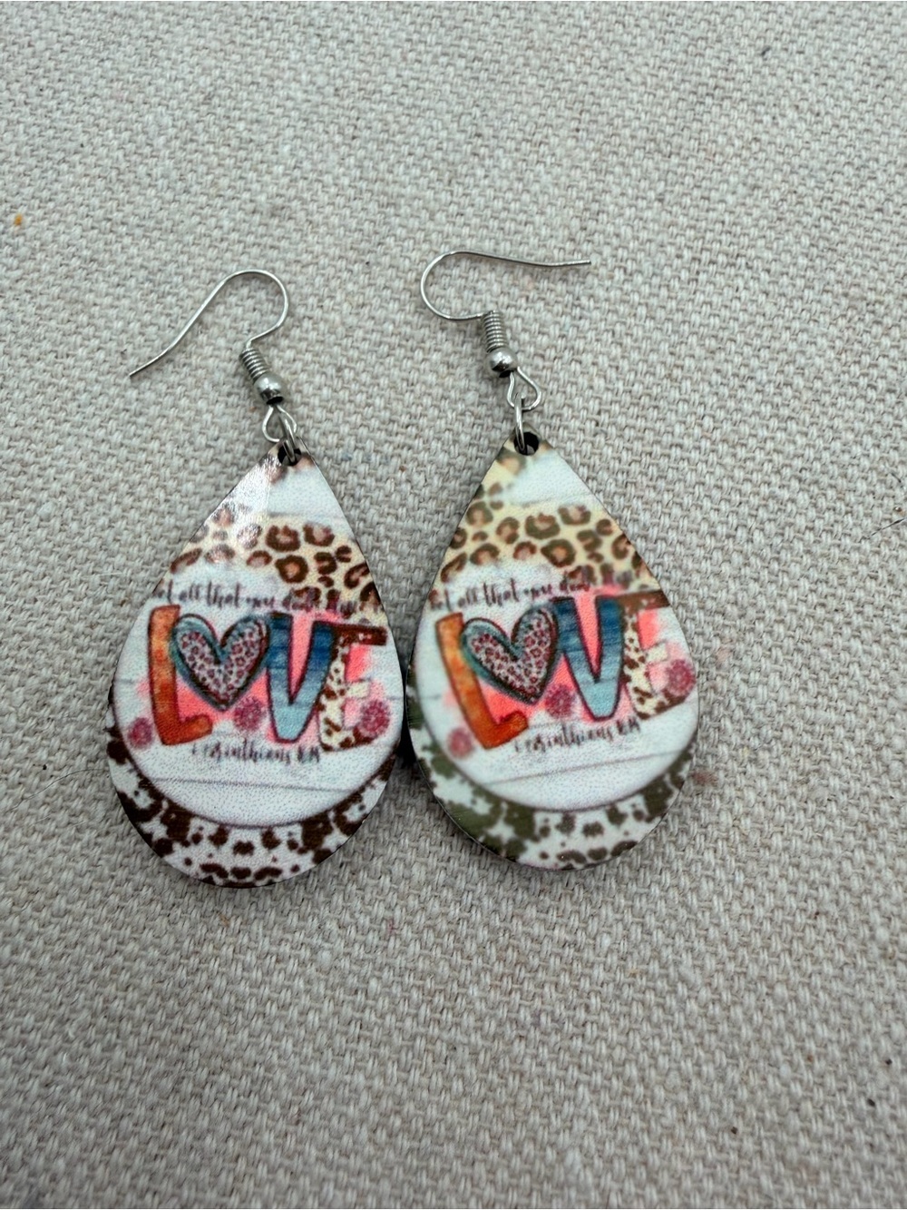 Leopard Print Teardrop Earrings with Colorful LOVE Graphic